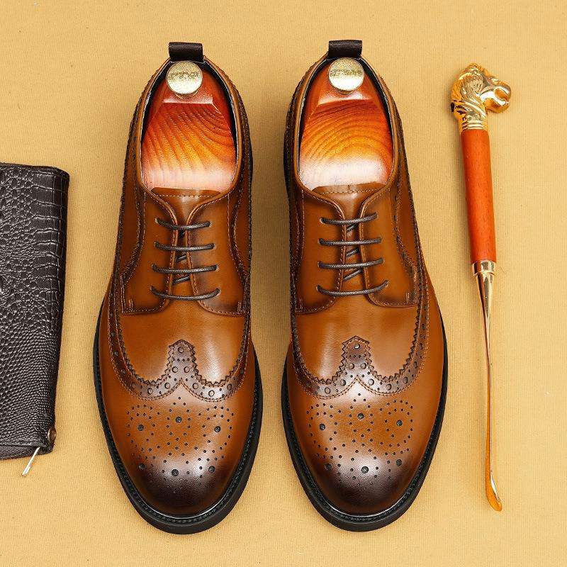 Luxury-Inspired Men's Formal Shoes: Handcrafted Brogue Design with Thick Comfort Soles Genuine Leather Dress Shoes