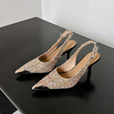 Elegant Women Tweed Slingback Pumps Pointed Toe with Metal Cap 7.5CM High Heels Professional Office Dress Shoes for Work