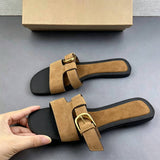 Premium Faux Suede Women Flat Sandals Vintage Gold Buckle Slide Slippers Elegant Casual Outdoor Summer Beach Shoes
