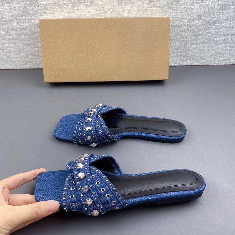 Indoor and Outdoor Rhinestone Slippers Chaussur Lux Femm Anti-Slip Latest Flat Shoes Denim Women Sandals