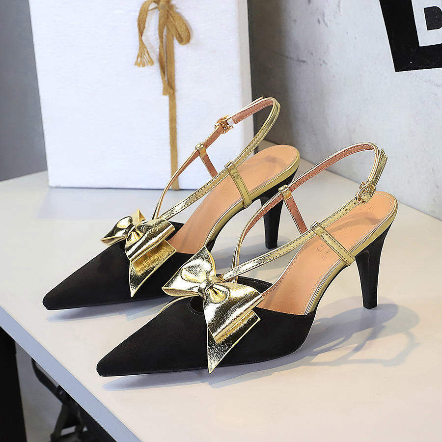 Elegant High Heels Women's Shoes Summer Black Pointed Toe Bow Slingbacks Luxury Party Office Lady Sandals