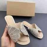 Luxury Pearl Slides Women Flat Sandals Beaded Scalloped Strap PU Leather Summer Beach Slippers Shoes
