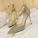 Zapatos Mujer Tacon Pumps Design Crystal Rhinestone Pink Glitter Sandals Ladies Pointed Toe Heels for Women Dress Shoes