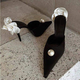8CM Talons Hauts White Flower Back Pearl Slipper Black Pumps Women Luxury Heels for Party