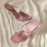 Scarpe Donna Tacco Alto Pink Rhinestone High Heel Mules Elegant Open Toe Slide Sandals Heels for Party & Wedding