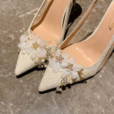 Wedding Party 6CM/8CM/10CM Sapatos Femininos Pointed Toe Designer White Floral Sexy Women Slingback High Heels for Ladies