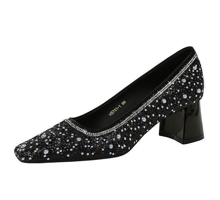Women's Shoes 2025 New Sequins Rhinestones Square Toe Thick Heel Elegant Temperament Heels