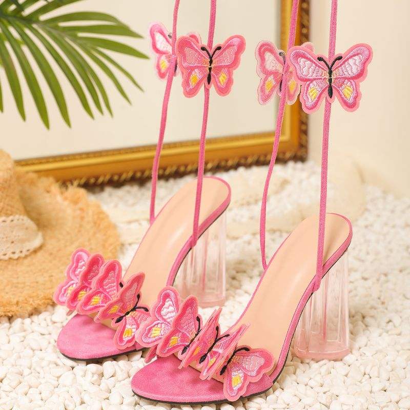 Clear Chunky Talons Femme Sexy Block Sandals Ankle Strap Lace up Butterfly Heels for Ladies and Women