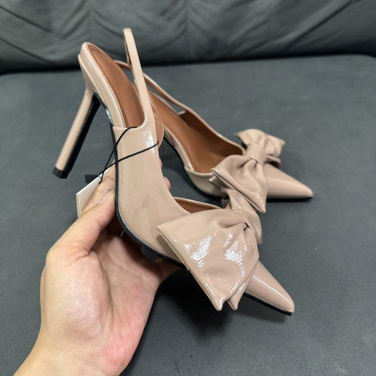 Women's Patent Leather Stiletto Sandals for Spring & Summer - Closed-Toe with Bow, Ankle Strap High-Heel Dress Shoes
