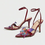 Ladies' Butterfly-Embellished Crisscross Back-Strap Pointed-Toe Sexy Women Heel Burgundy Sandals