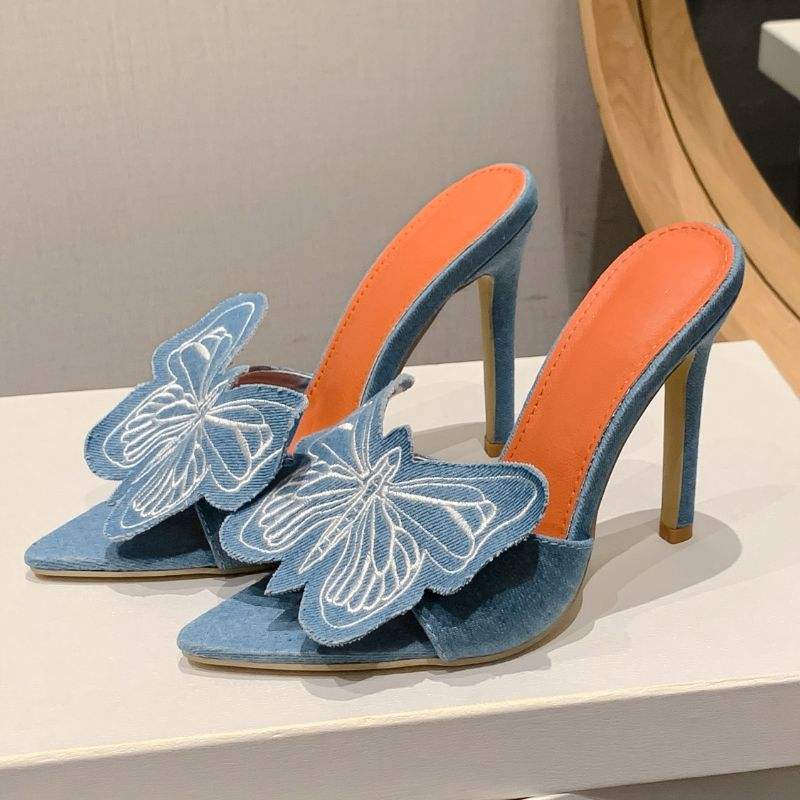 Summer&Spring Outdoor Slippers Trending Metal High Stiletto Butterfly Blue Denim Heels for Woman