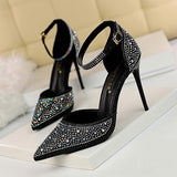 Zapatos Mujer Tacon Pumps Design Crystal Rhinestone Pink Glitter Sandals Ladies Pointed Toe Heels for Women Dress Shoes