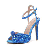 Women Glitter Beaded Stiletto High Heeled Sandals Ankle Strap Peep Toe Party Wedding Evening High Heeled Ladies Footwear