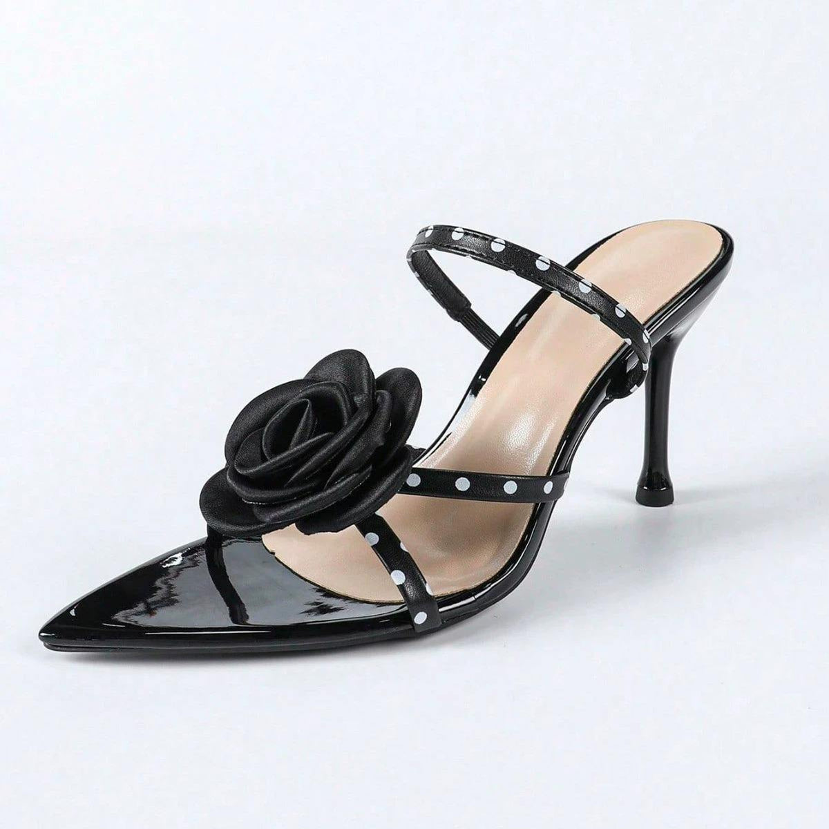 Ladies' 3D Floral Polka Dot Ankle-Strap Pointed-Toe Women High Heel Stiletto Sandals Shoes