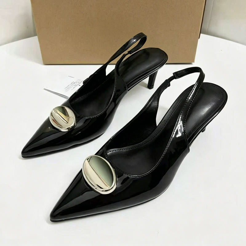 Glossy Patent Leather Heels Women Pointed Toe Slingback Pumps Large Metallic Buckle Elegant Low Kitten Heel Dress Shoes