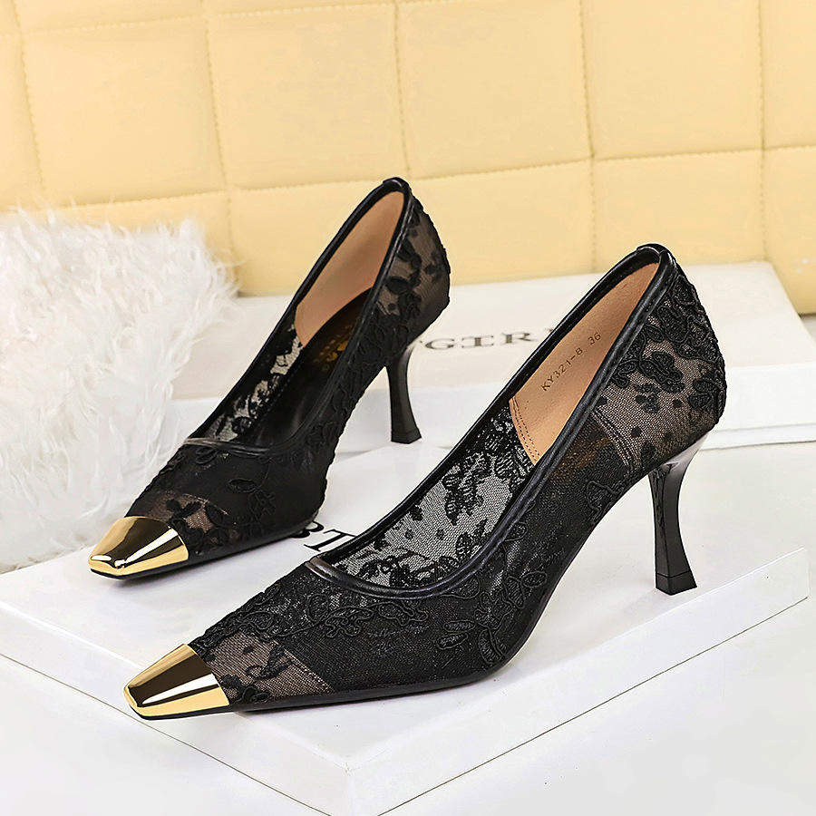 Elegant Shoes Women New Summer Woven Lace Metal Square Toe Sandals Stylish Comfortable Single Shoes Heels
