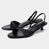 Retro Chic Women's Kitten-Heel Mules Black-White Polka-Dot Buckle Heeled Sandals for Ladies
