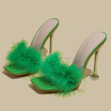 Feather Fur New Fashion Summer Spring Cute Mules Lady Sandals Slippers Elegant 2025 Heels for Women