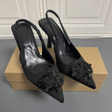 Chaussure Talon Haut Femm Black Rhinestone Pumps Fashion Kitten Slingback Shoes Heels for Women