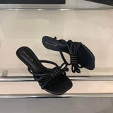 Cream Bow Knot Kitten Heel Mules for Women Elegant Square Toe Slip On Heeled Sandals Comfortable Summer Dress Shoes Slippers