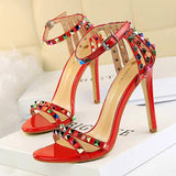 Sandales a Talons Hauts Women's Stiletto Heel Roman Sandals High Heel, Open-Toe with Colorful Rivets