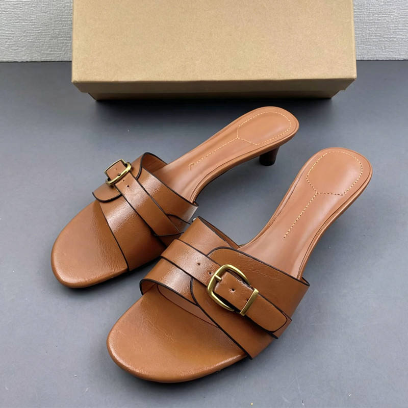 Classic Tan PU Leather Mules Low Kitten Heel Sandals Vintage Brown Slide Shoes Metal Buckle Elegant Ladies Dress Pumps