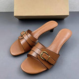 Classic Tan PU Leather Mules Low Kitten Heel Sandals Vintage Brown Slide Shoes Metal Buckle Elegant Ladies Dress Pumps