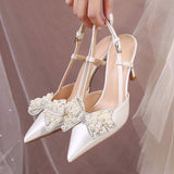 Detachable Wedding Shoes Zapatos Mujer Saltos Bow Lace up Strappy Ankle Pearl Strap White Wedding Heels for Bride