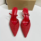Fashionable Closed-Toe Women's High Heel Sandals Mesh+PU with Artificial Pearls, Pointed Stiletto Heel for Western Style